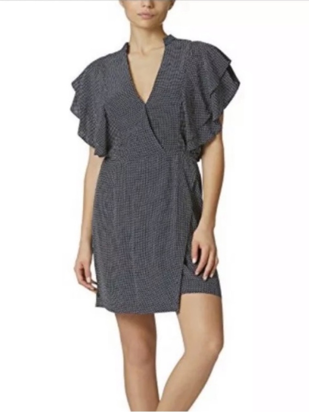 Avec Les Filles navy blue & white faux wrap polka dot dress!